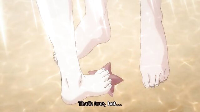 Anime hentai babe's bare feet stepping on red star in sand, big sis tease
