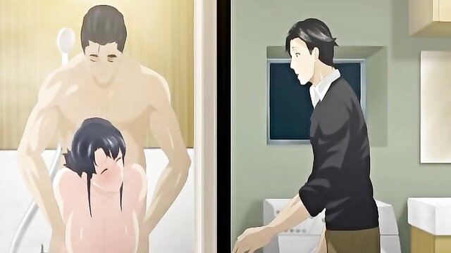 Hajimete No Hitozuma Ep 2 hentai: busty black-haired wife fucked in shower by man