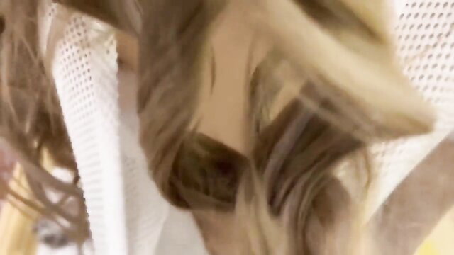 H-cup blonde JAV gal closeup, semen on mesh top, obedient gokkun doll
