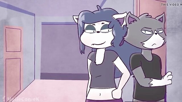 Claire and Edgar anthropomorphic cats in teasing bedroom pose