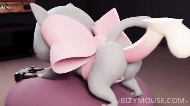 Cute anthropomorphic gray kitty cat with big pink bow on ass, rear view tease