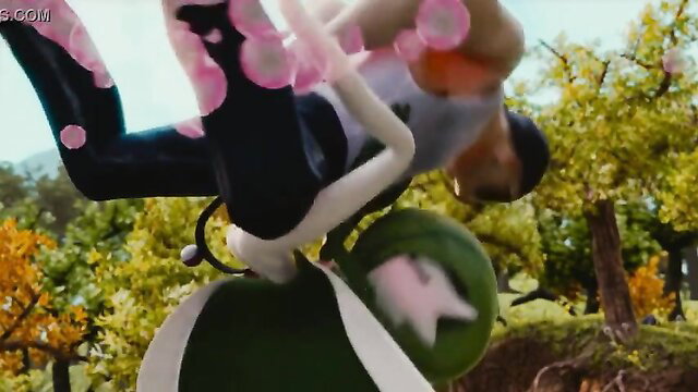 Gardevoir hentai training: curvy green-skinned babe in pink lingerie fucked outdoors
