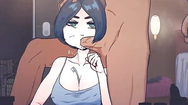 Blue-haired hentai girl sucking cock in time stop scene