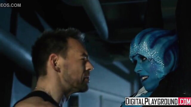 Rachel Starr as blue alien in Gazoo Effect XXX parody closeup