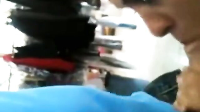 Latina morenita kneels in blue gloves giving messy blowjob closeup