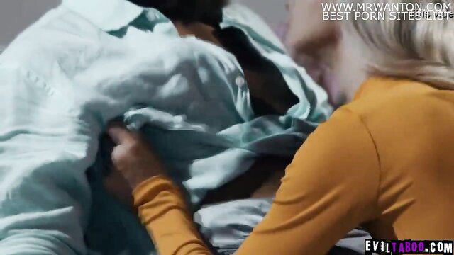 Kenzie Reeves under sheets with Brad Newman in bed, wife joins threesome