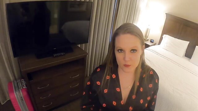 Victoria Peaks in sexy red lipstick robe, hotel tease POV