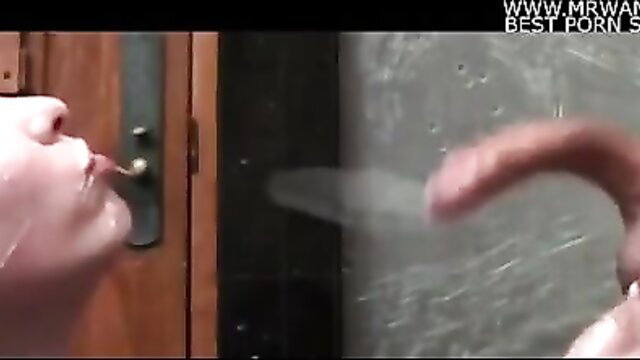 Blonde babe eagerly licks cock by door in hot cumshot preview