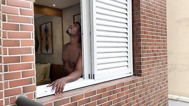 Jefao shirtless black hunk peeking out window seductively