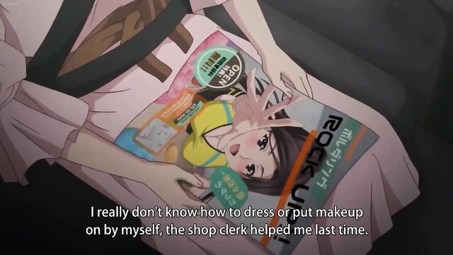 Cute anime girl in car holds Jimihen magazine, pink dress, clueless cosplay hentai