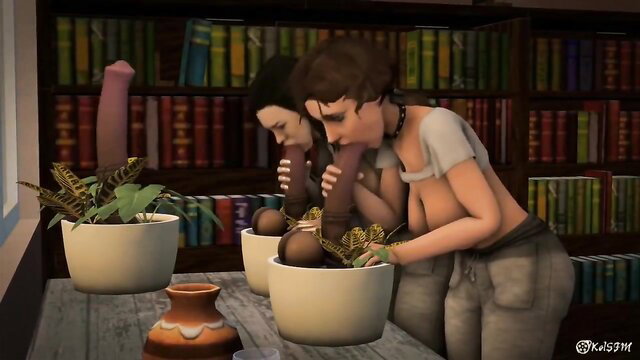 Two petite brunettes sucking giant horsecock plants in hentai library