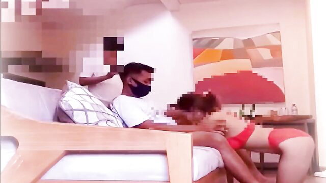 Amateur threesome with ojol and husband, curvy Asian wife in red lingerie bent over