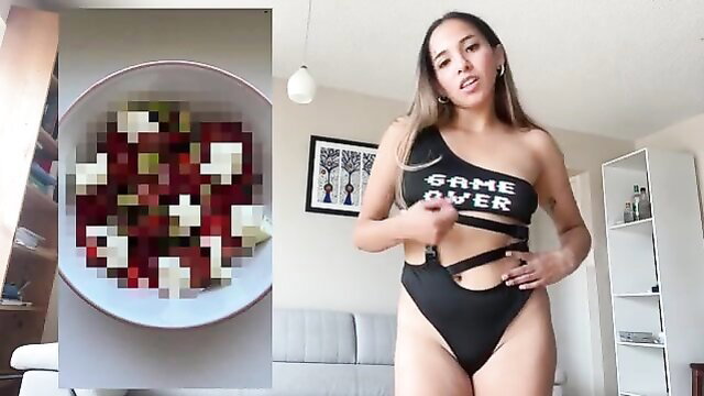 Asian Nicoleessss in skimpy black Game Over swimsuit teases betas