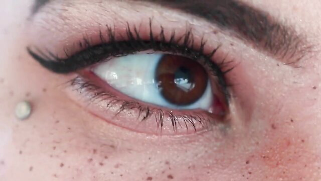 Closeup of woman's brown eye with freckles and piercing, ASMR grubby onanism thumbnail
