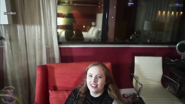 Smiling redhead BBW PAWG in sexy black top, Vegas hotel room