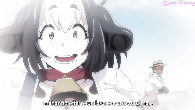 Excited anime cow girl with black hair and bells smiles in Kemono Koko Tsuusin Ep1