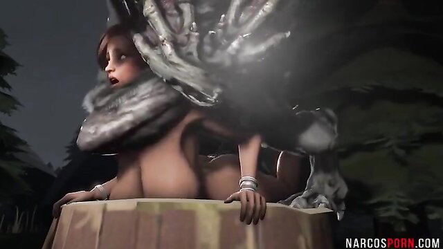 Triss Merigold tight pussy stretched by huge monster cock in forest