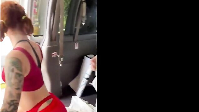 Sidney Summers redhead big tits in thong bends over van on Fanbus