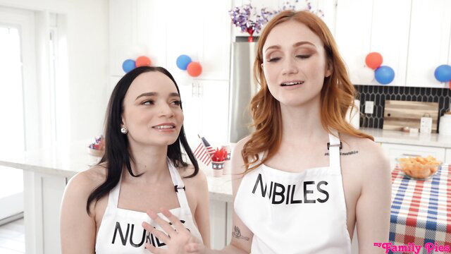 Redhead & brunette stepsis in NUBILES aprons tease juicy meat stick