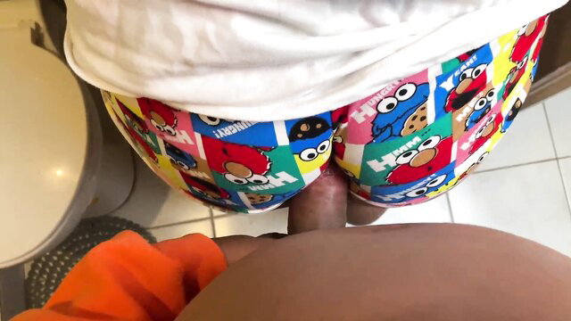 Thick ebony stepsis in Sesame Street PJs bent over toilet with stepbro's cock grinding her fat ass