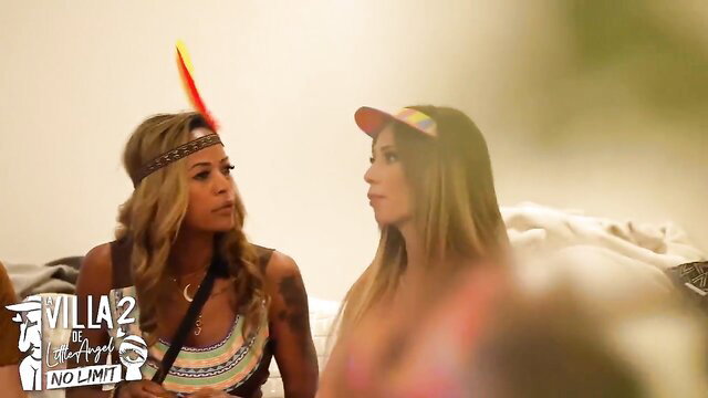Alice Wild and LittleAngel84 in sexy bikinis chatting on Love Island