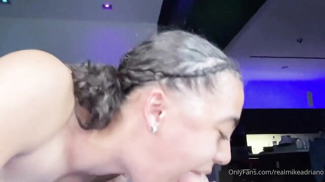Ella S deepthroating cock like a pro, wet gray braids, closeup blowjob