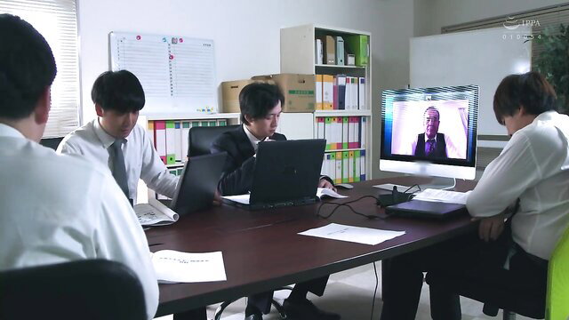 Japanese businessmen in office meeting video call, JAV suits