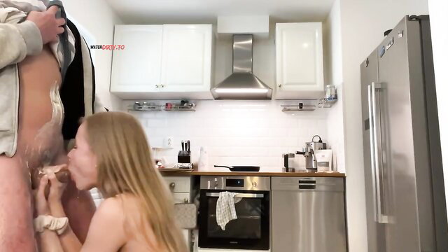 SweetGini blonde teen gives messy POV blowjob in kitchen