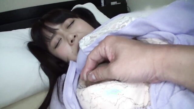 Asian girl like Misamisa F-cup tits sleeping, hand groping under blanket
