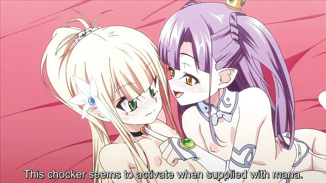 Blonde elf girl in choker whispers to purple-haired elf as mana activates collar