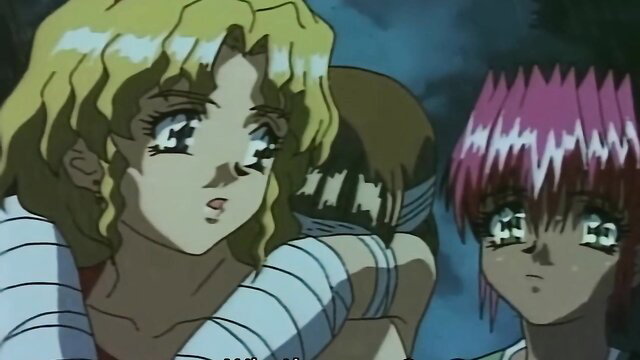 Anime hentai girls bound in bandages, worried lesbian teen faces