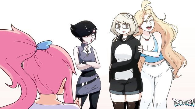 4 anime girls in sexy outfits at party with bunny monster