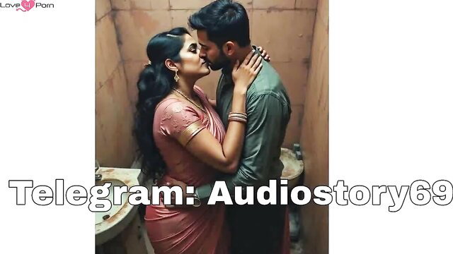 Long hair Indian aunty in pink saree kisses man passionately