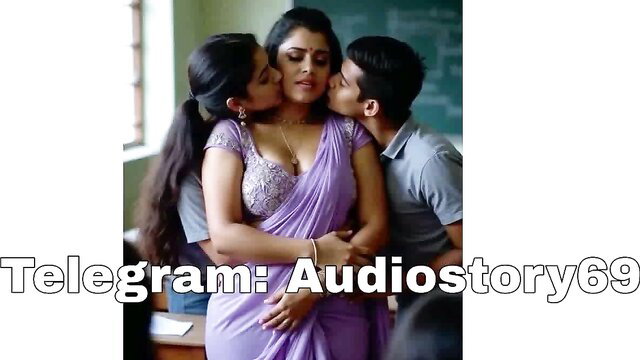 Indian teacher in purple saree kissed by two students in steamy threesome