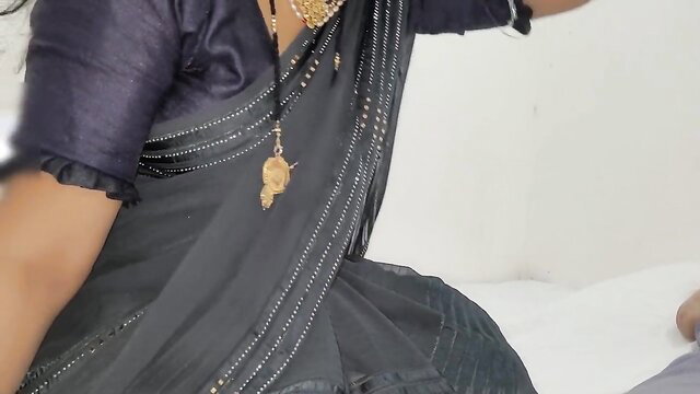 Komalaman in sexy black saree, cleavage tease, Indian wife seduction