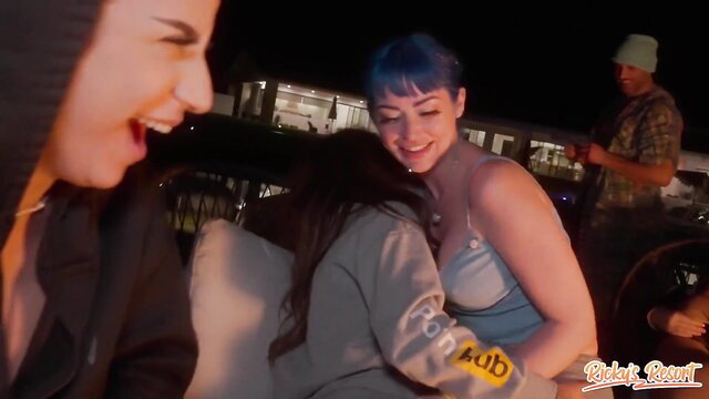 Adria's Episode: Blue-haired babe in lingerie groped by smiling brunette at night party