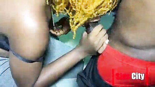 Petite black girl with yellow braids grips thick cock from behind, Sins City
