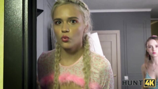 Novella Night pigtails blonde in doorway with girlfriend Hunt4K