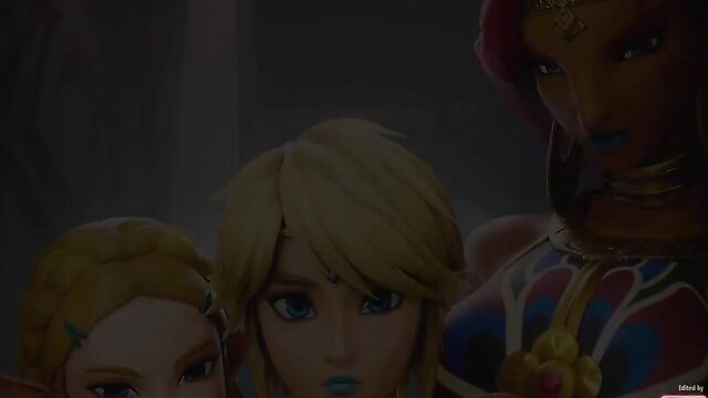 Urbosa trains busty blonde elf girls Zelda and Link in hot threesome