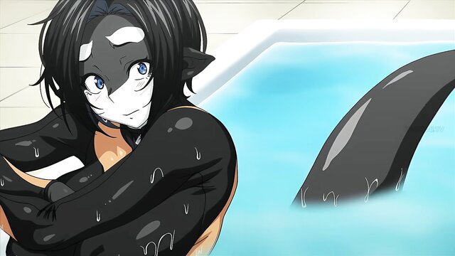 Sexy black-haired orca girl in shiny black bodysuit wet by pool