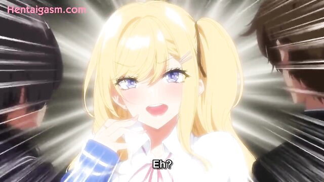 Blonde twin-tailed you gal teacher Eh? surprised in hentai threesome training