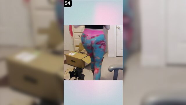 Pokimane lookalike in tight pink floral leggings showing big ass