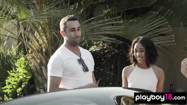 Petite Asian teens Aria Skye and Jade Luv in white dresses outdoors