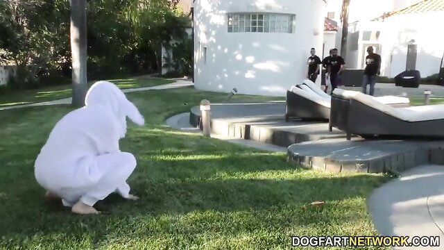 Kagney Linn Karter in bunny costume squats at Dogfart Network DP scene