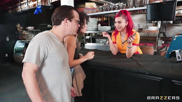 Brandy Salazar in red ponytail uniform at counter with couple, Brazzers
