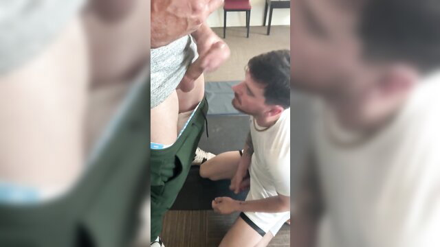 Icedflame kneels for public deepthroat on muscular man in grey briefs