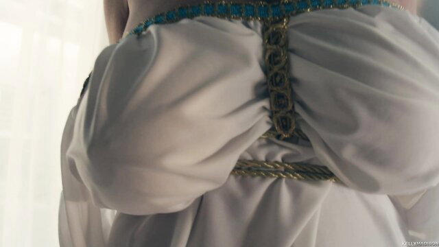 Busty Kelly Madison in sheer white dress with gold belt