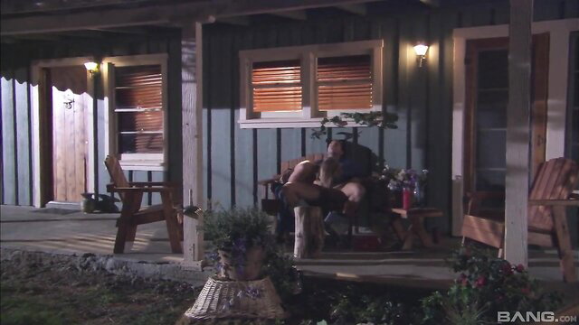 Cheating wife rides stranger's cock on porch, natural tits bounce