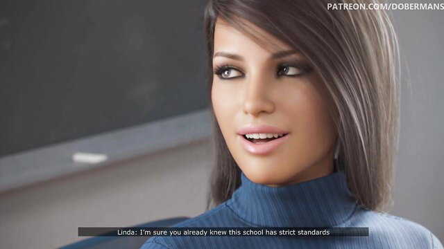 Linda in tight blue turtleneck, seductive smile, strict school standards