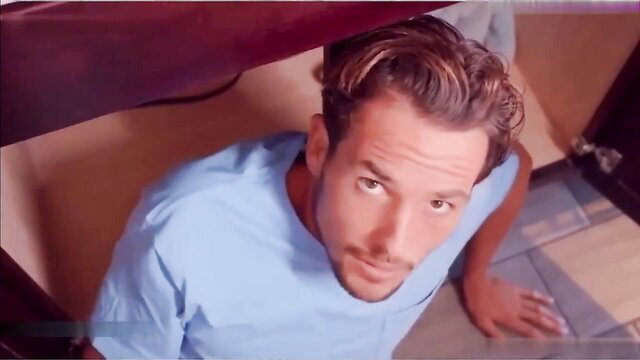 Alura Jenson POV under bed view of handsome plumber in blue shirt